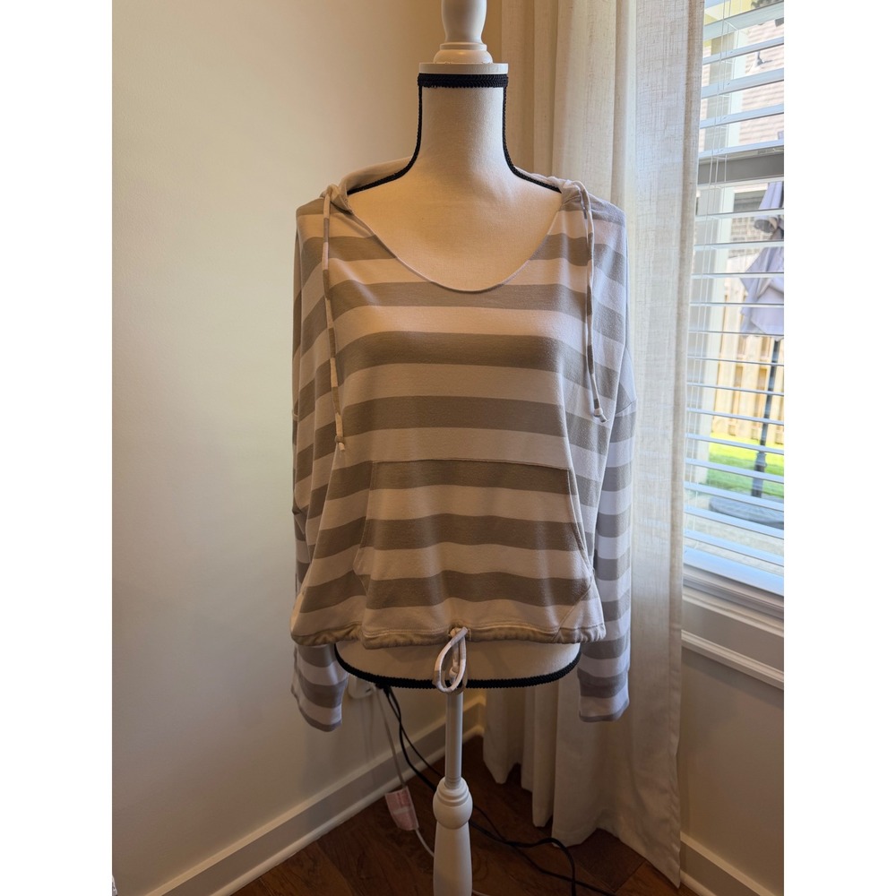 SO Lounge Life Hoodie Gray White Striped Pullover Scoop Neck Drawstring Medium